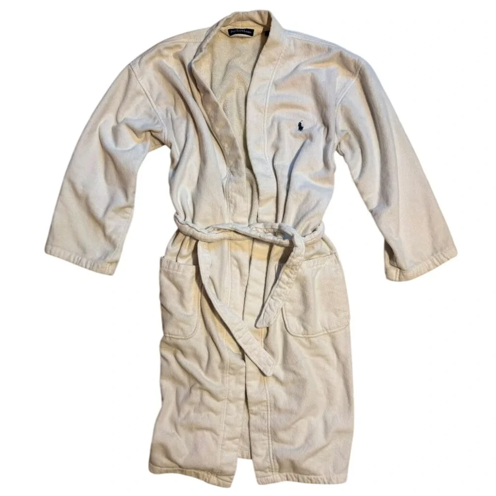 Polo Ralph Lauren Mens Cream White Cotton Terry Cloth Bath Robe S/M Logo Lounge
